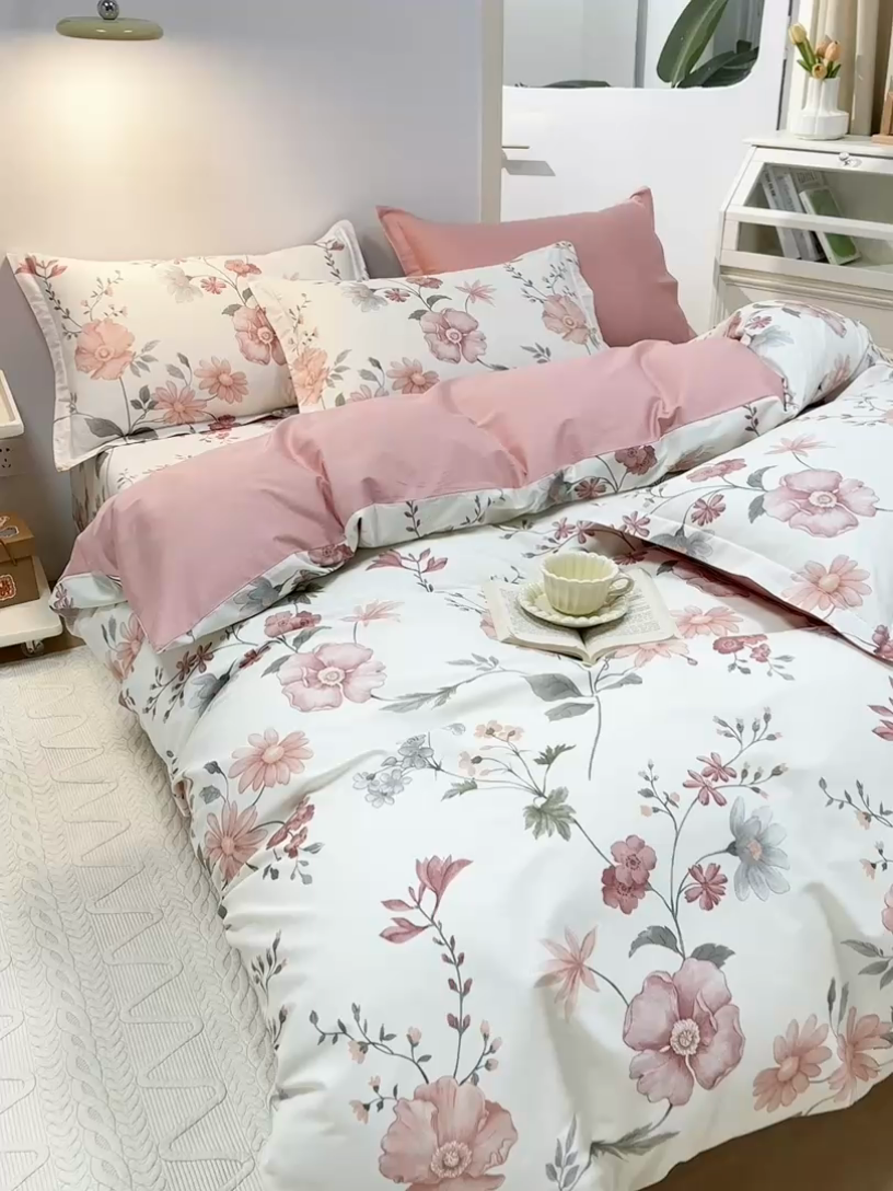 91家纺网 家纺一手货源 找家纺 元元 2024新款小清新全棉四件套系列 -被套夹棉四件套 莫兰朵-粉
