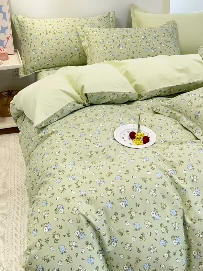 91家纺网 家纺一手货源 找家纺 元元 2024新款小清新全棉四件套系列 -被套夹棉四件套 韩式清新-绿