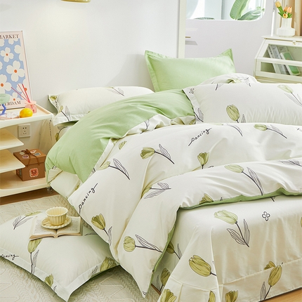 元元 2024新款小清新全棉四件套系列 -被套夹棉四件套 娇兰-绿