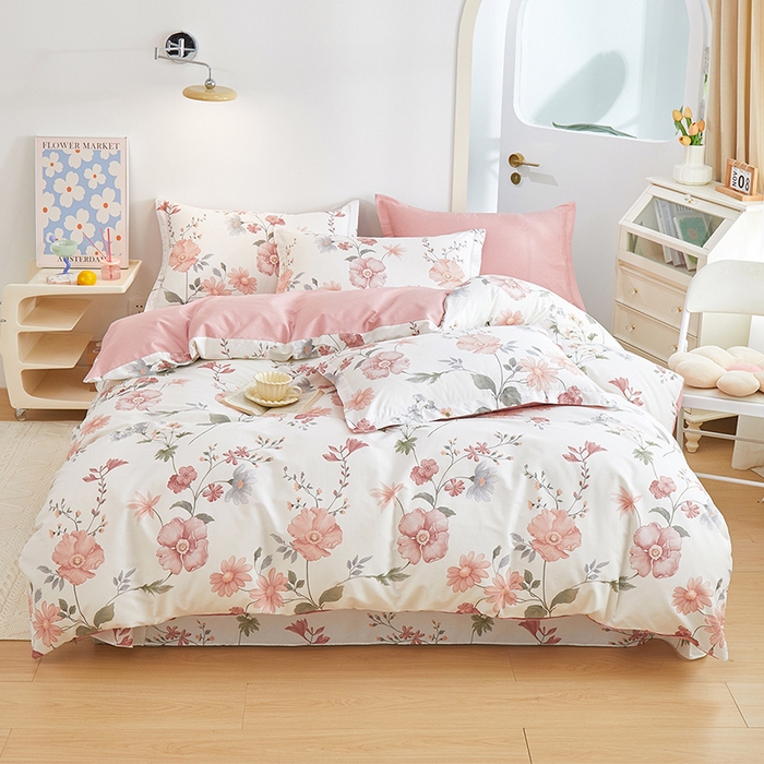 91家纺网 家纺一手货源 找家纺 元元 2024新款小清新全棉四件套系列 莫兰朵-粉