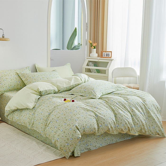 91家纺网 家纺一手货源 找家纺 元元 2024新款小清新全棉四件套系列 -被套夹棉四件套 韩式清新-绿