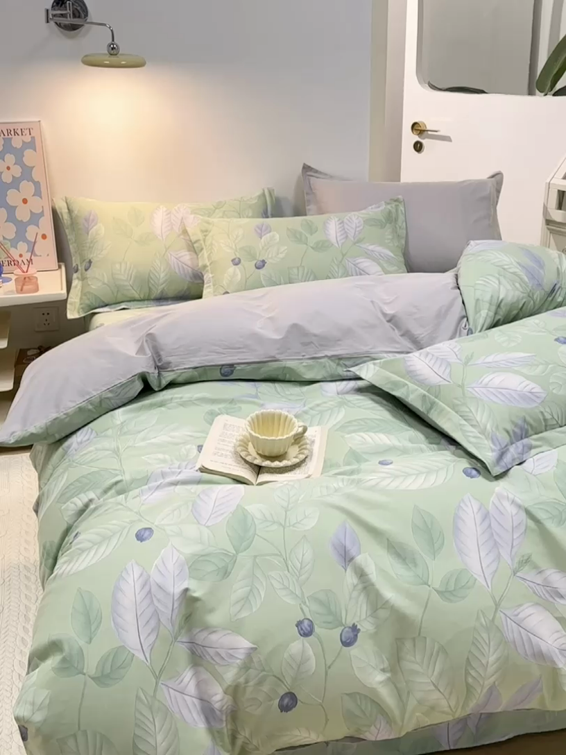91家纺网 家纺一手货源 找家纺 元元 2024新款小清新全棉四件套系列 -被套夹棉四件套 淡然若尘-绿