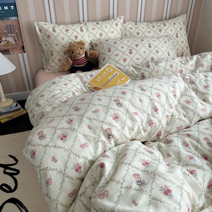 91家纺网 家纺一手货源 找家纺 卧趣2024新款A类全棉有氧双层纱四件套 快乐熊