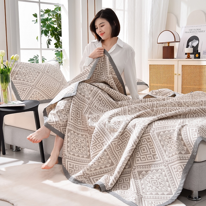 91家纺网 家纺一手货源 找家纺 米奈 2024新款A类抗菌全棉三层纱提花多功能盖毯（有质检报告） 北欧风情