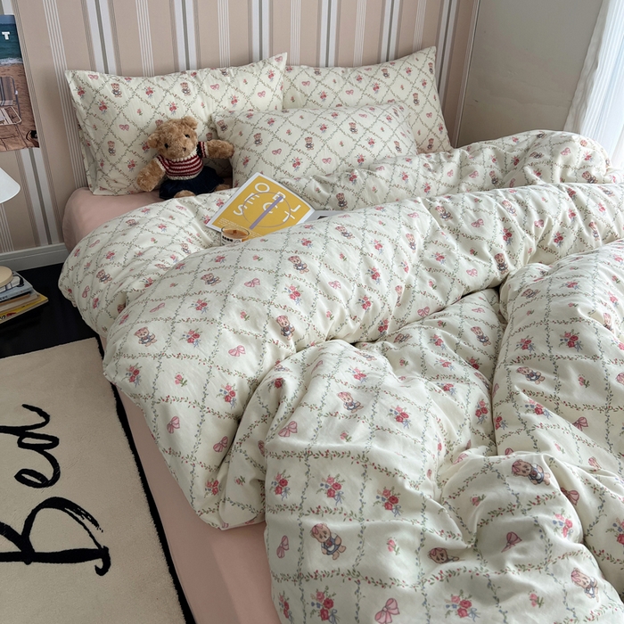 91家纺网 家纺一手货源 找家纺 卧趣2024新款A类全棉有氧双层纱四件套 快乐熊