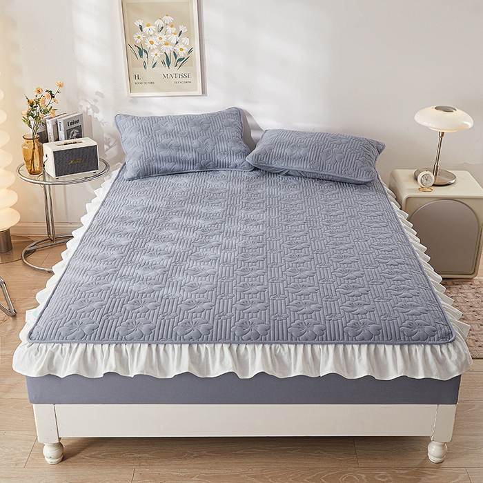 91家纺网 家纺一手货源 找家纺 3C 2024新款全棉大豆夹棉唯美花边床笠 牛仔蓝