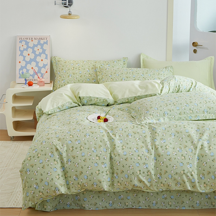 91家纺网 家纺一手货源 找家纺 元元 2024新款小清新全棉四件套系列 -被套夹棉四件套 韩式清新-绿