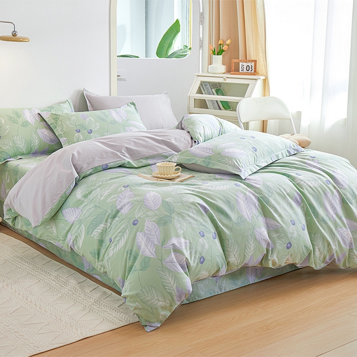 91家纺网 家纺一手货源 找家纺 元元 2024新款小清新全棉四件套系列 -被套夹棉四件套 淡然若尘-绿