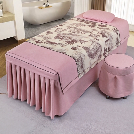 亿非达2024新款舒适透气羊绒棉印花按摩床罩四件套 羊绒棉印花-馨粉色