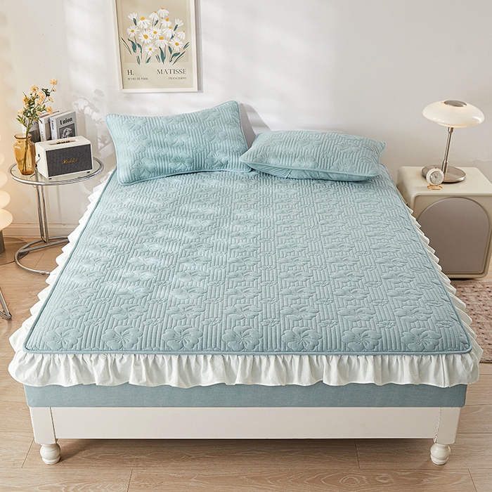 91家纺网 家纺一手货源 找家纺 3C 2024新款全棉大豆夹棉唯美花边床笠 清新兰