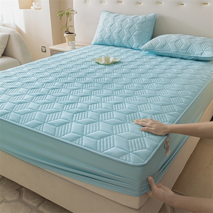 其奥 2025新款高密全棉夹棉床笠三件套 湖蓝(床笠款）