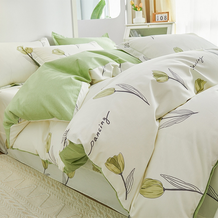 91家纺网 家纺一手货源 找家纺 元元 2024新款小清新全棉四件套系列 -被套夹棉四件套 娇兰-绿