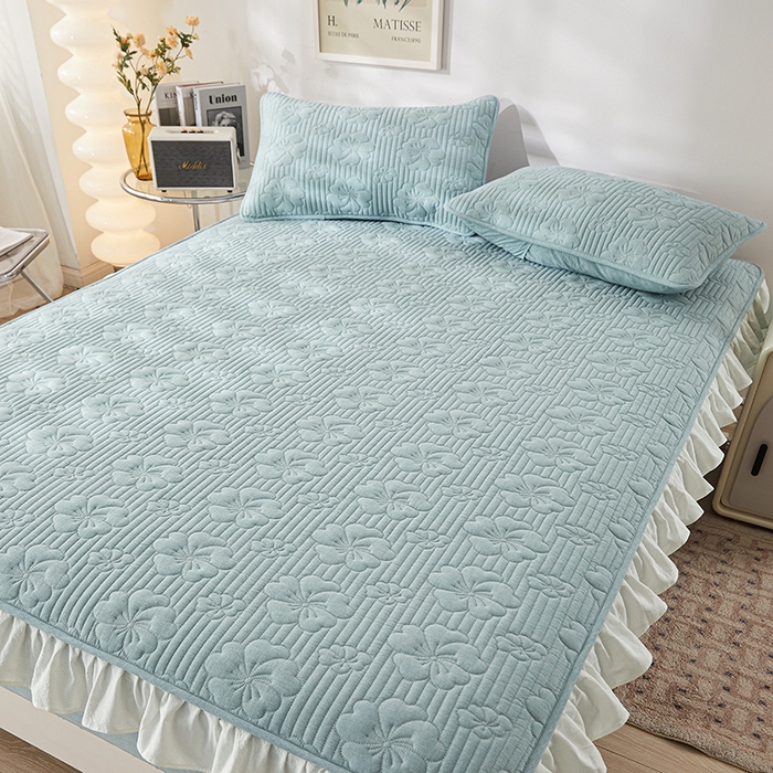 91家纺网 家纺一手货源 找家纺 3C 2024新款全棉大豆夹棉唯美花边床笠 清新兰