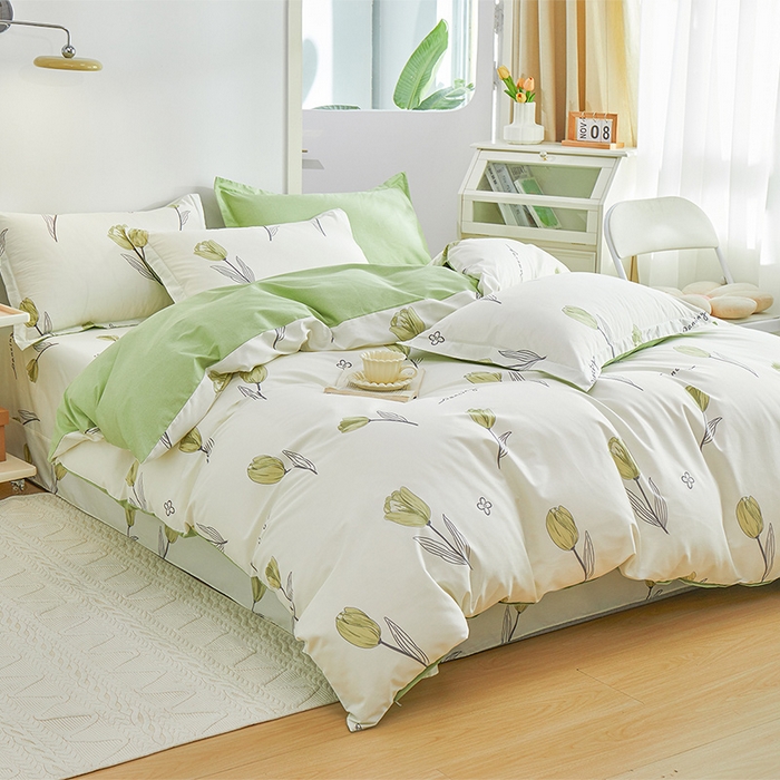 91家纺网 家纺一手货源 找家纺 元元 2024新款小清新全棉四件套系列 -被套夹棉四件套 娇兰-绿