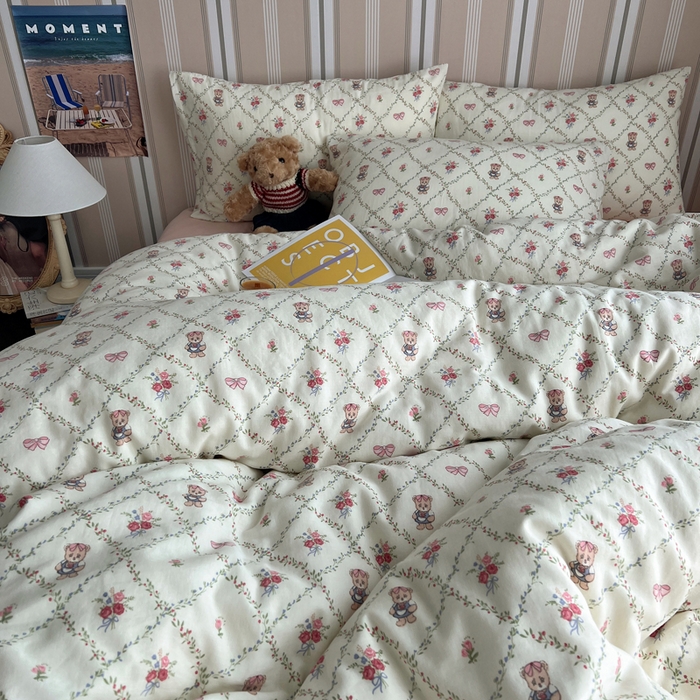 91家纺网 家纺一手货源 找家纺 卧趣2024新款A类全棉有氧双层纱四件套 快乐熊