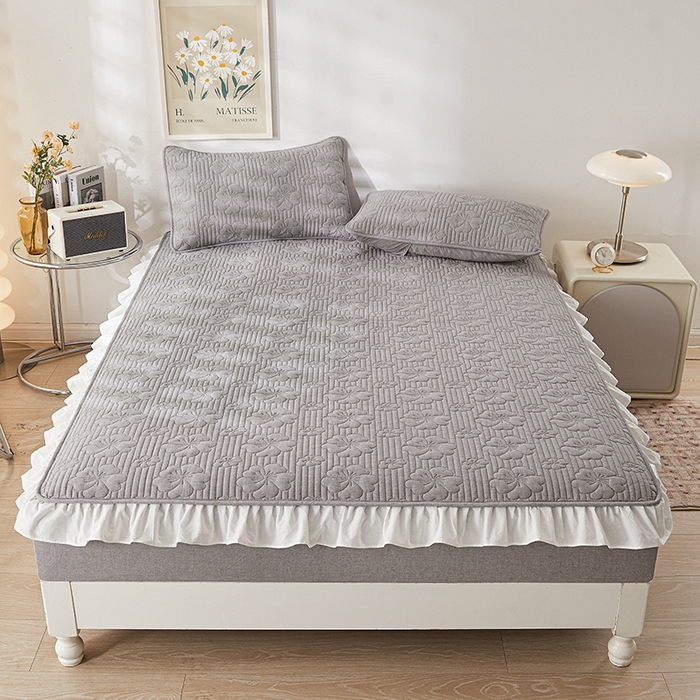 91家纺网 家纺一手货源 找家纺 3C 2024新款全棉大豆夹棉唯美花边床笠 星灰色