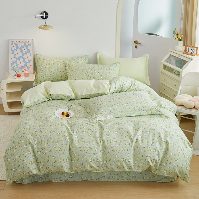 91家纺网 家纺一手货源 找家纺 元元 2024新款小清新全棉四件套系列 -被套夹棉四件套 韩式清新-绿