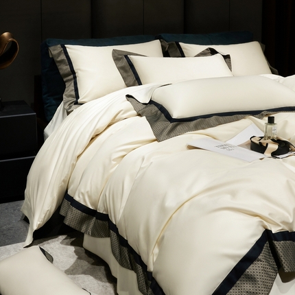 91家纺网 家纺一手货源 找家纺 （总）时亿家居 2024新款100支色织拼接长绒棉四件套-邂逅