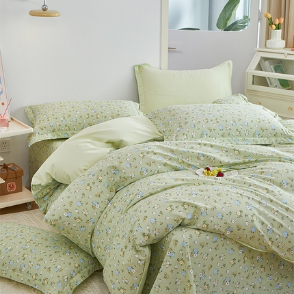 元元 2024新款小清新全棉四件套系列 -被套夹棉四件套 韩式清新-绿