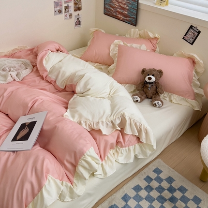 91家纺网 家纺一手货源 找家纺 春光里 2024新款韩版公主风纯色拼接花边款四件套