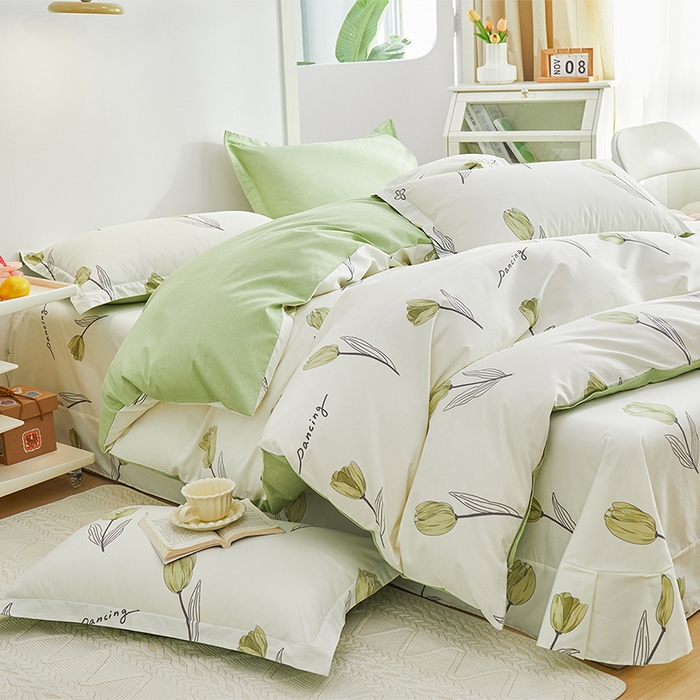 91家纺网 家纺一手货源 找家纺 元元 2024新款小清新全棉四件套系列 -被套夹棉四件套 娇兰-绿