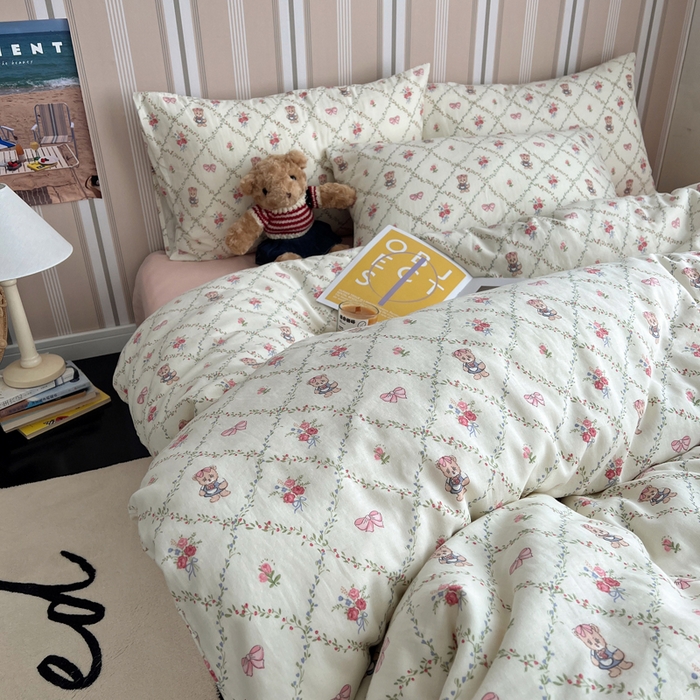 91家纺网 家纺一手货源 找家纺 卧趣2024新款A类全棉有氧双层纱四件套 快乐熊