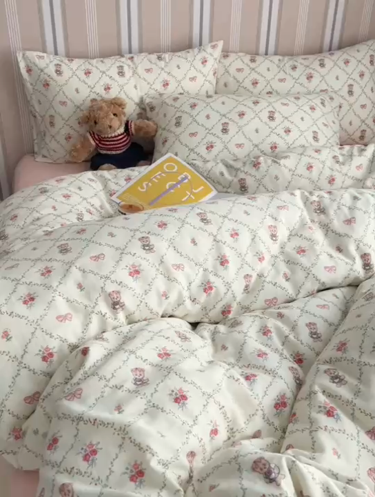 91家纺网 家纺一手货源 找家纺 卧趣2024新款A类全棉有氧双层纱四件套 快乐熊