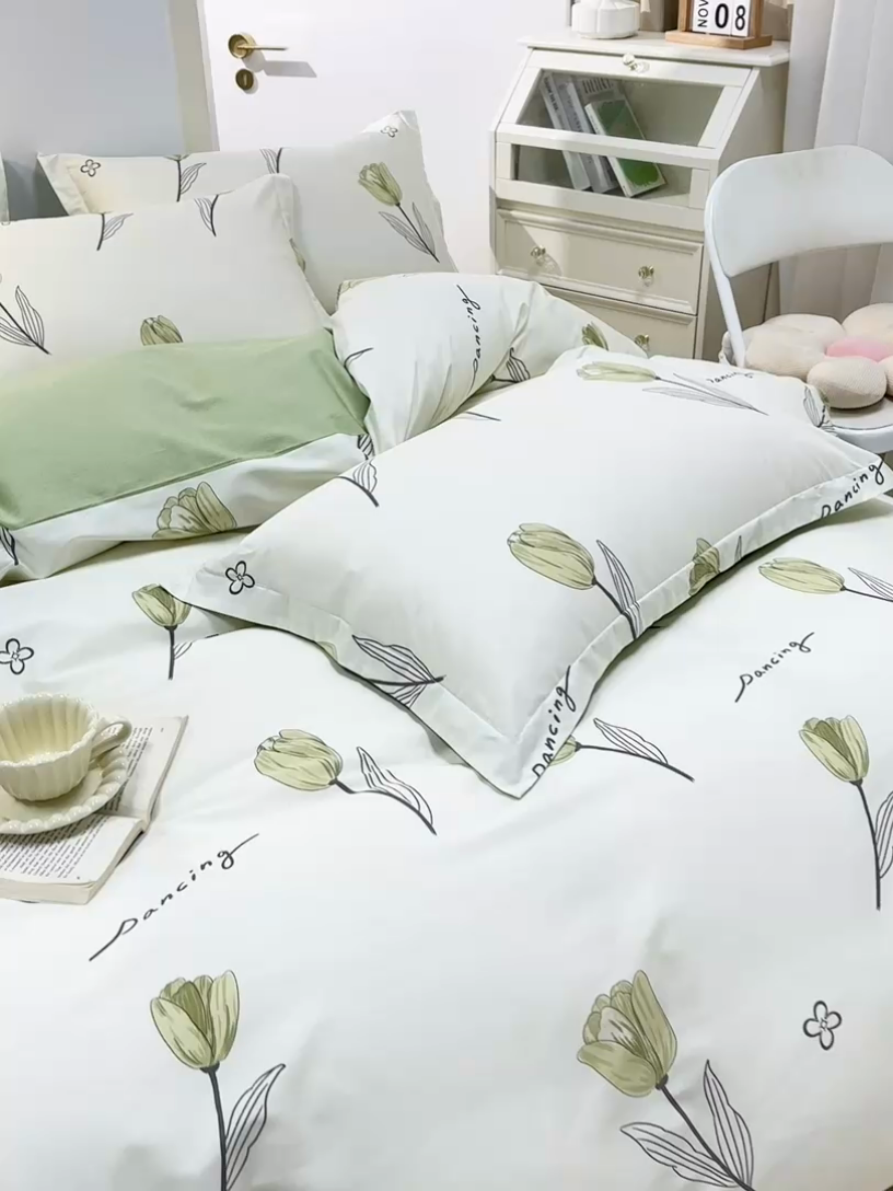 91家纺网 家纺一手货源 找家纺 元元 2024新款小清新全棉四件套系列 -被套夹棉四件套 娇兰-绿