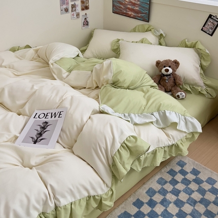 91家纺网 家纺一手货源 找家纺 春光里 2024新款韩版公主风纯色拼接花边款四件套