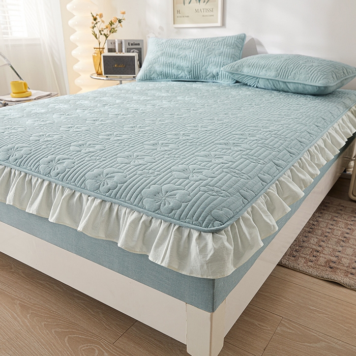 91家纺网 家纺一手货源 找家纺 3C 2024新款全棉大豆夹棉唯美花边床笠 清新兰