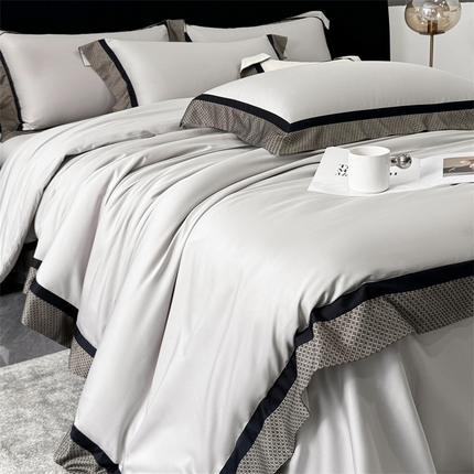 91家纺网 家纺一手货源 找家纺 时亿 2024新款100支长绒棉拼接色织四件套-邂逅 邂逅气质灰