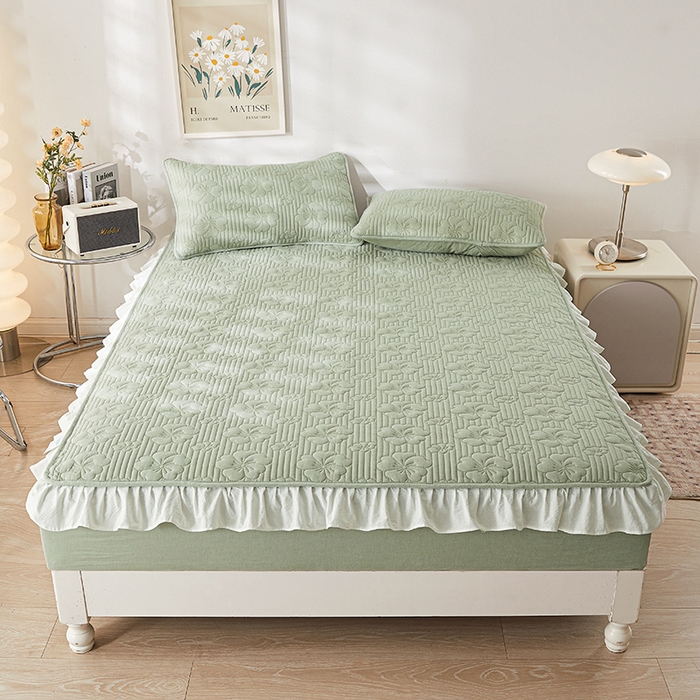 91家纺网 家纺一手货源 找家纺 3C 2024新款全棉大豆夹棉唯美花边床笠 浅果绿