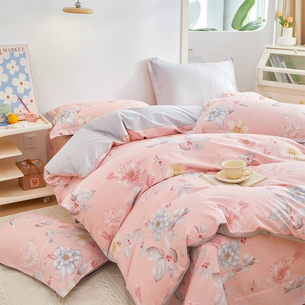 元元 2024新款小清新全棉四件套系列 -被套夹棉四件套 花之绚烂-粉