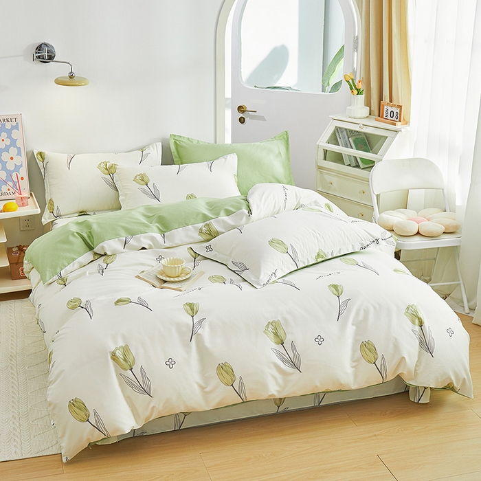 91家纺网 家纺一手货源 找家纺 元元 2024新款小清新全棉四件套系列 -被套夹棉四件套 娇兰-绿