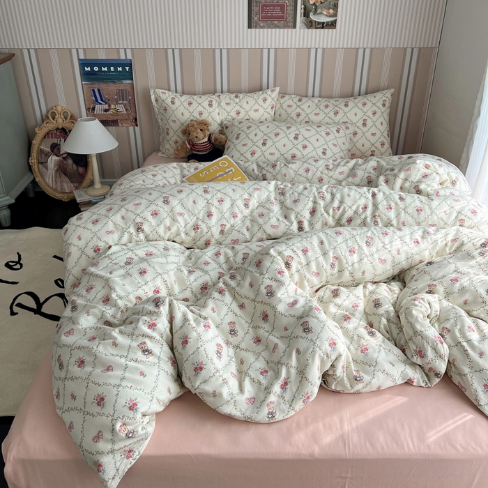 91家纺网 家纺一手货源 找家纺 卧趣2024新款A类全棉有氧双层纱四件套 快乐熊