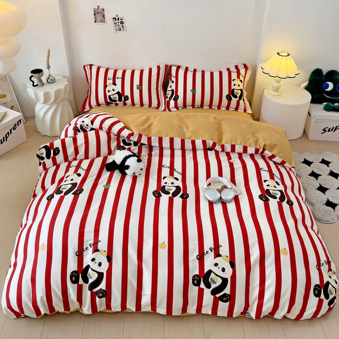 91家纺网 家纺一手货源 找家纺 云锦家居 2024新款13070纯棉印花吊边款一字绣四件套 熊猫家族