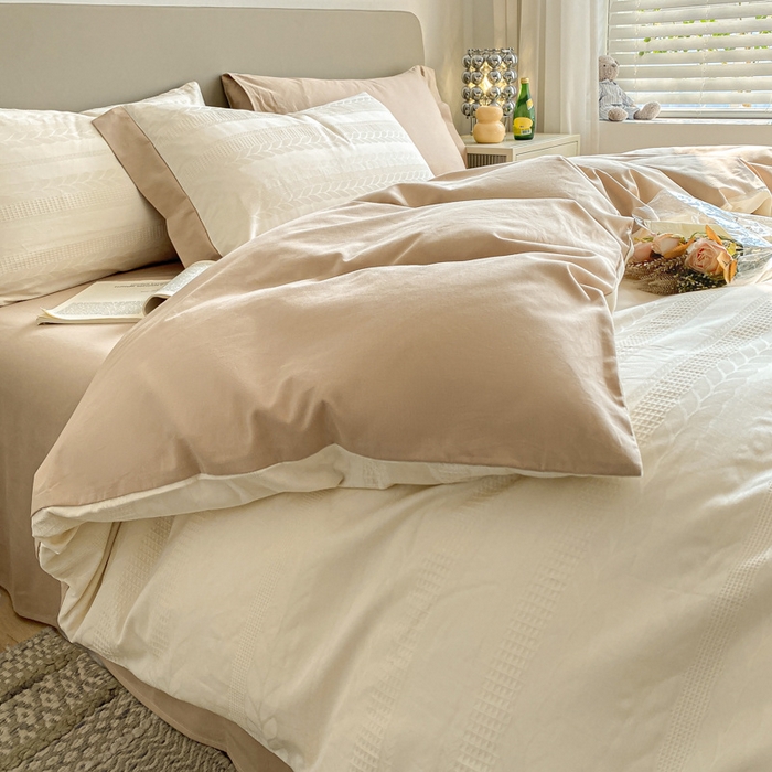 91家纺网 家纺一手货源 找家纺 启程家纺 2024新款全棉华夫格提花四件套 小豆芽-白咖