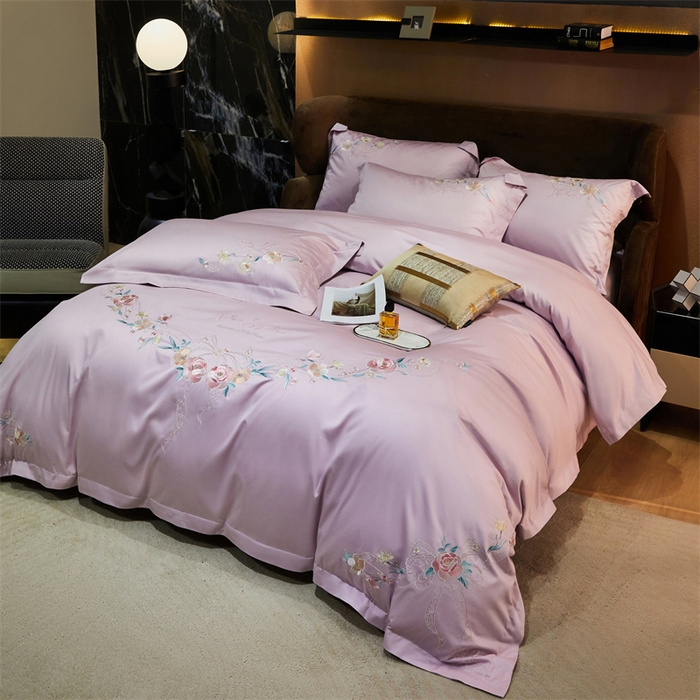 91家纺网 家纺一手货源 找家纺 宏羽纺2024新款高支高密全棉刺绣四件套 伊丽莎白系列 伊丽莎白 海葵紫