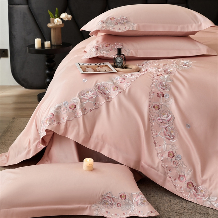 91家纺网 家纺一手货源 找家纺 宏羽纺2024新款高支高密全棉刺绣四件套 浪漫系列 浪漫 美男粉