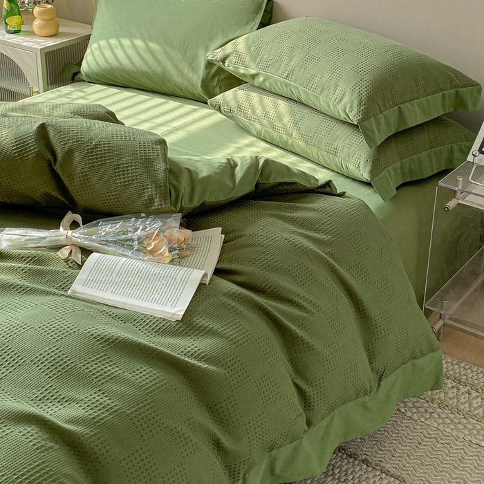 91家纺网 家纺一手货源 找家纺 启程家纺 2024新款全棉华夫格提花四件套 棋盘格-橄榄绿