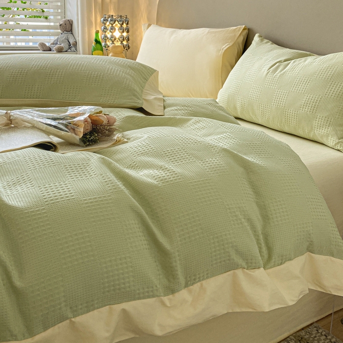 91家纺网 家纺一手货源 找家纺 启程家纺 2024新款全棉华夫格提花四件套 棋盘格-绿奶黄