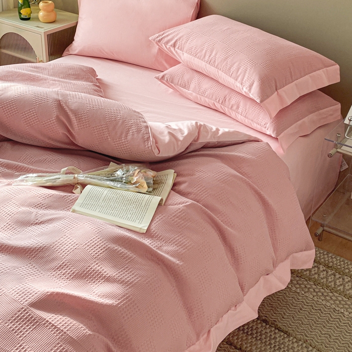 91家纺网 家纺一手货源 找家纺 启程家纺 2024新款全棉华夫格提花四件套 棋盘格-豆沙