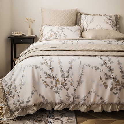 恩和家纺 2024法式飞边款天丝床盖四套件多件套 初雪