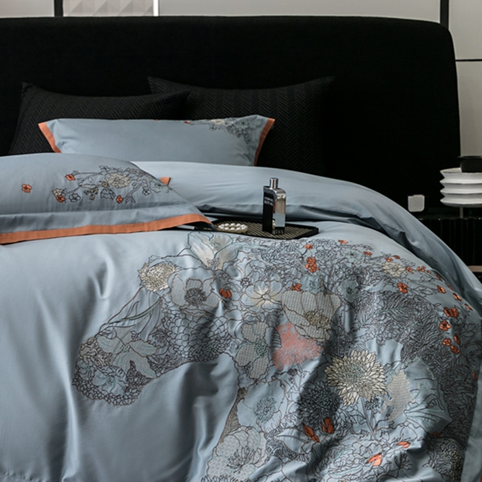 91家纺网 家纺一手货源 找家纺 云胡 2024新款50s双股长绒棉 精工刺绣 宽边工艺四件套 马德里-蓝