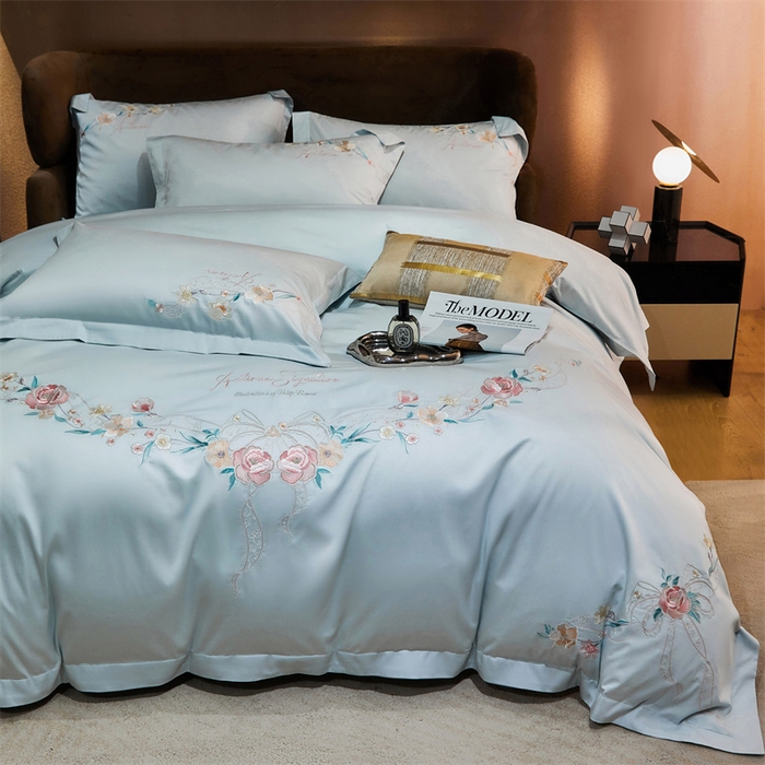 91家纺网 家纺一手货源 找家纺 宏羽纺2024新款高支高密全棉刺绣四件套 伊丽莎白系列 伊丽莎白 西子蓝