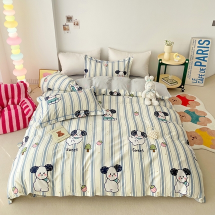 云锦家居 2024新款13070纯棉印花吊边款一字绣四件套 条纹狗狗