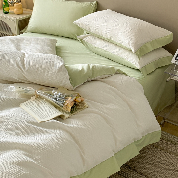 91家纺网 家纺一手货源 找家纺 启程家纺 2024新款全棉华夫格提花四件套 棋盘格-奶白绿