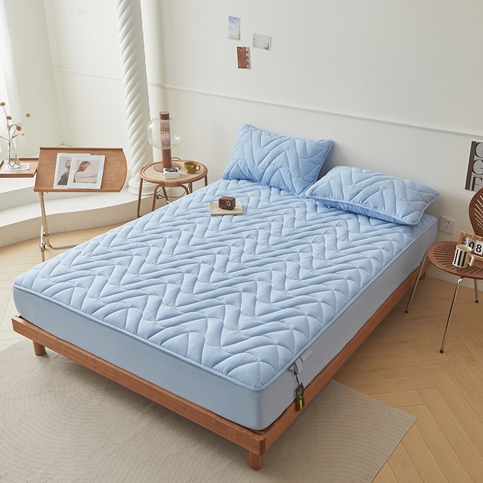 91家纺网 家纺一手货源 找家纺 3C 2024新款全棉双层纱大豆床笠 氧气蓝