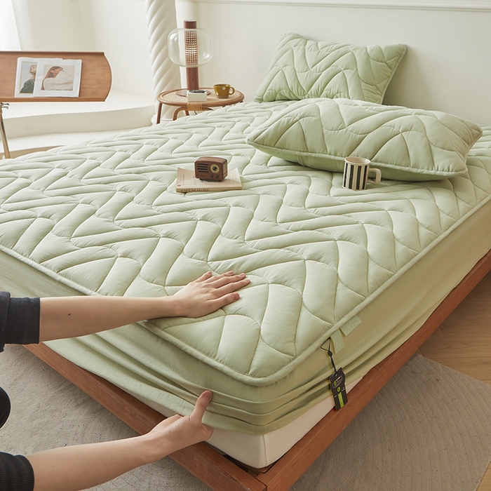 91家纺网 家纺一手货源 找家纺 3C 2024新款全棉双层纱大豆床笠 抹茶绿