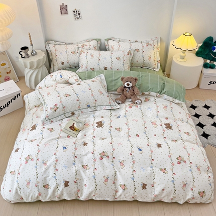 云锦家居 2024新款13070纯棉印花吊边款一字绣四件套 碎花小兔